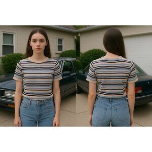 Talbots 90s Ribbed Knit Striped Cotton Top Blue Beige Short Sleeve Sweater M Y2K